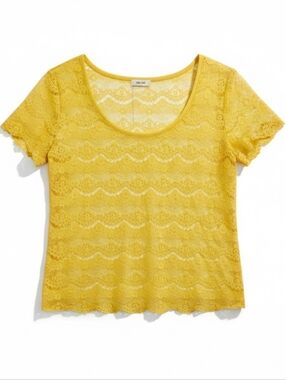 Fossil Yellow Lace Top Sheer Ruffle Sleeve Boho Feminine Blouse Small